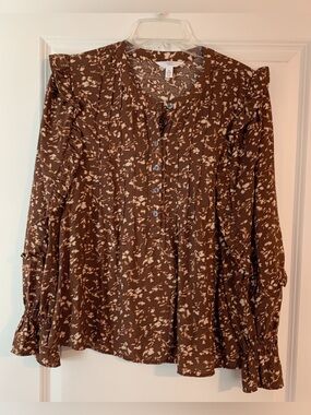 Time and Tru Brown and Cream Floral Button-Front Blouse